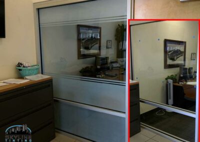 office windows with decorative white frost privacy tint