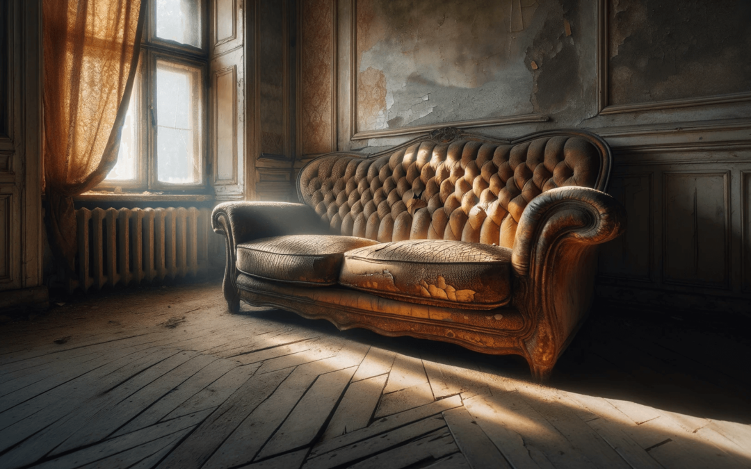 old, sun dried couch sitting in a Victorian style home with sunlight streaming in through window