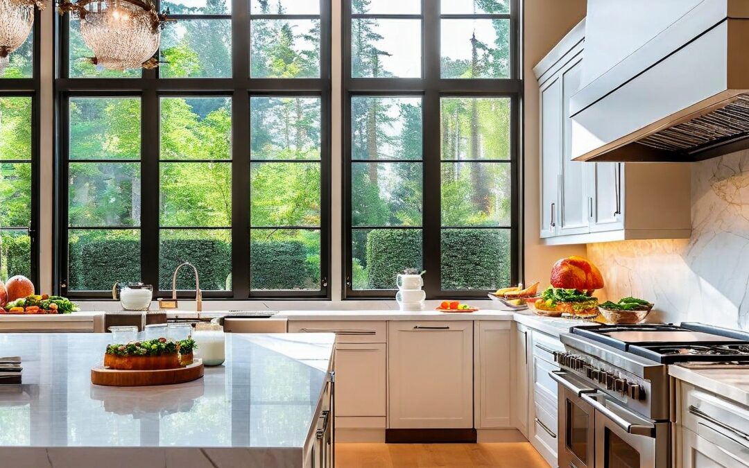 modern kitchen windows with sunlight beaming in and trees visible outside