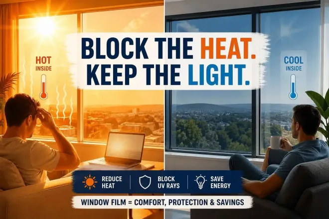 Split-screen ad showing a hot orange-lit left room and a cool blue right room, promoting window film to block heat and save energy.