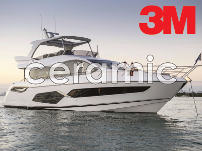 White luxury motor yacht on calm water with a prominent red 3M logo and the word ceramic overlaid.