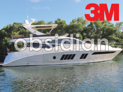 White luxury motor yacht on calm water with a prominent red 3M logo and the word obsidian overlaid.