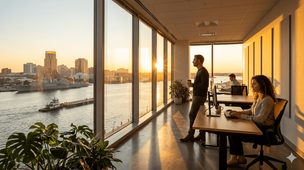 Office by large windows overlooking the river at sunset; two coworkers at desks, one standing with a coffee cup.