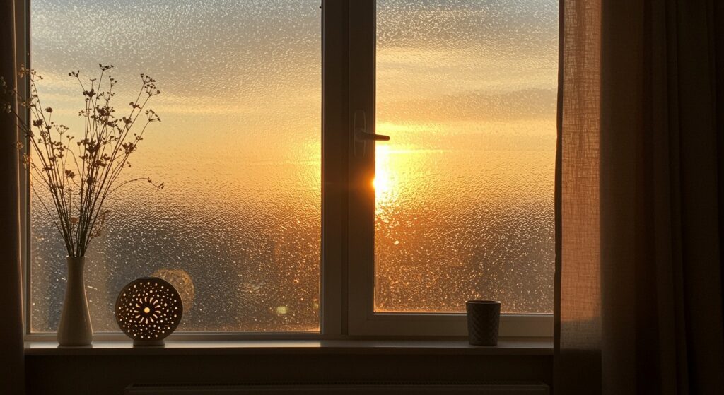 two piece window viewed from the inside showing crystal frost window film installed as the sun is setting