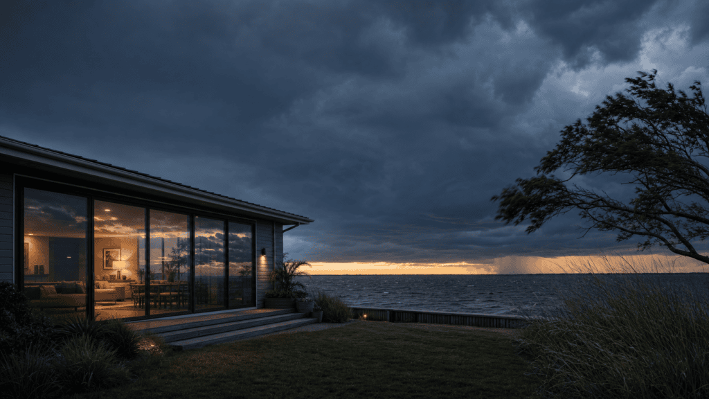 Modern single story home on water with dark storm clouds approaching.